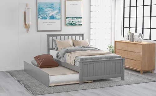 Vista 9 de Knocbel Cama individual con nido, base de colchón de plataforma de madera con cabecero, estribo y soporte de listones (gris)