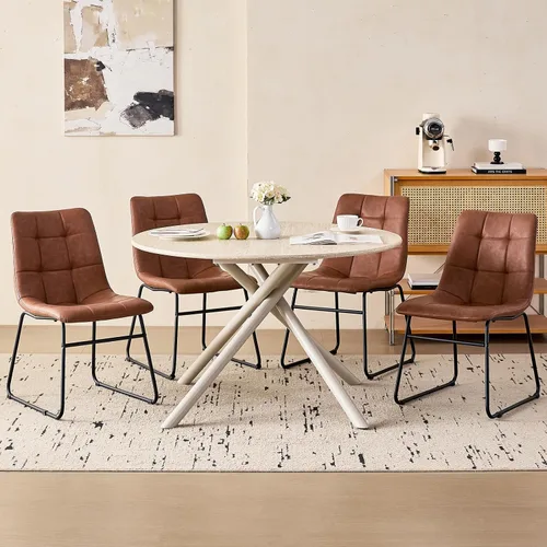 Vista 5 de Juego de mesa de comedor redonda de 47 pulgadas para 4, mesa redonda moderna de cocina, patas cruzadas de metal recubierto con 4 sillas de comedor