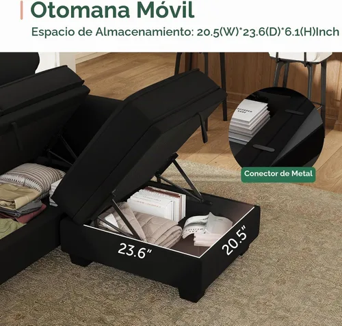 Vista 6 de HONBAY Sofá modular convertible con almacenamiento en forma de U con diván reversible para sala de estar, negro medio negro (Mid Black)