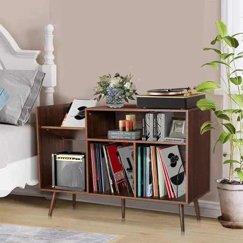 Vista 5 de Mid-Century - Moderno soporte para tocadiscos, mesa de almacenamiento de discos de vinilo con patas de madera, soporte para tocadiscos, soporte