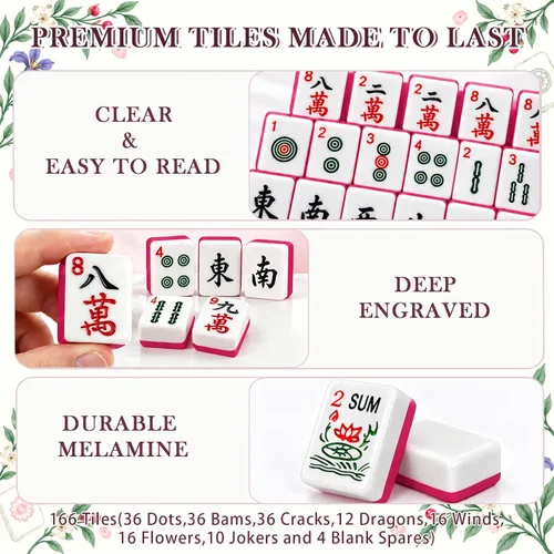 Vista 6 de Juego de 166 azulejos Mahjong americanos con tapete, estantes y Rosa Rojo