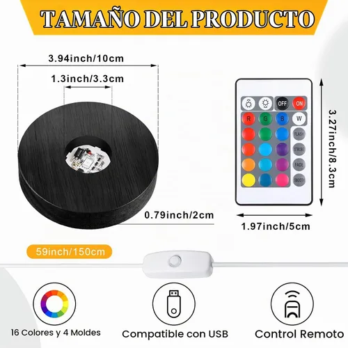 Vista 4 de Riakrum Base de luz LED de madera, 4 piezas, soporte de base de pantalla de cristal, control remoto, redondo, 16 modos de iluminación, soporte Negro