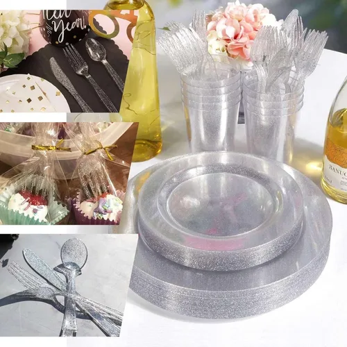Vista 5 de Efavormart - 100 cucharas de plástico desechables con purpurina plateada para bodas, fiestas, banquetes, eventos, dulces, bufés