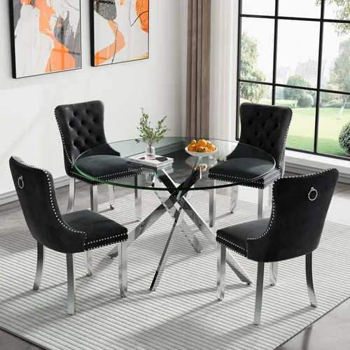 Vista 84 de Juego de mesa de comedor de cristal plateado moderno de 47 pulgadas para 2, juego de mesa de comedor de cocina redonda de 3 piezas con patas