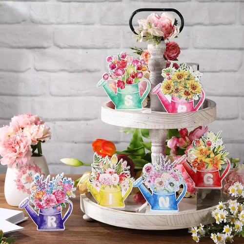 Vista 7 de 6 letreros de madera de primavera en bloque de madera, letreros de mesa de primavera rústicas, decoración de bandejas escalonadas de primavera
