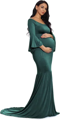 Vista 2 de ZIUMUDY Vestido de maternidad retro con hombros descubiertos y mangas acampanadas, vestido maxi de fotografía para baby shower