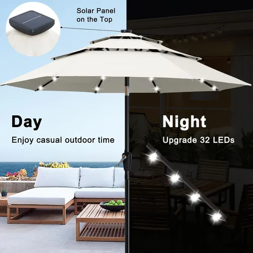 Vista 6 de ABCCANOPY Sombrilla solar de patio de 3 niveles de 11 pies, 32 luces LED Beige