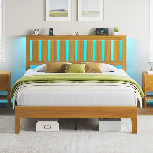 Vista 8 de Rolanstar Estructura de Cama Full con Cabecero, Estación de Carga y Luces LED, Base de Estructura de Cama de Madera con Soporte de Listones de Negro