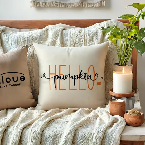 Vista 2 de Fundas de almohada naranjas de otoño de 12 x 20 pulgadas, paquete de 2 fundas de almohada decorativas rectangulares/lumbar, fundas de cojín de Hello