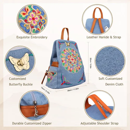 Vista 4 de Jursccu Mochilas de lona floral bordadas de mezclilla para mujer, antirrobo, retro, estilo étnico, bolsa de hombro, Jean Azul Claro, MochilaBolso