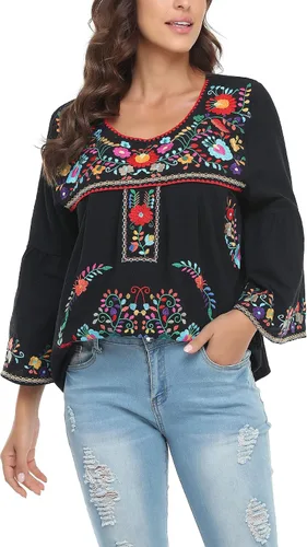 Vista 4 de YZXDORWJ Blusa campesina mexicana de algodón para mujer, color blanco