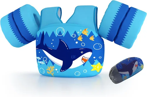 Vista 13 de Chaleco de natación para niños pequeños, apto para niños de 28 a 70 libras, flotadores para niños y niñas, ayuda a la natación, entrenamiento, traje