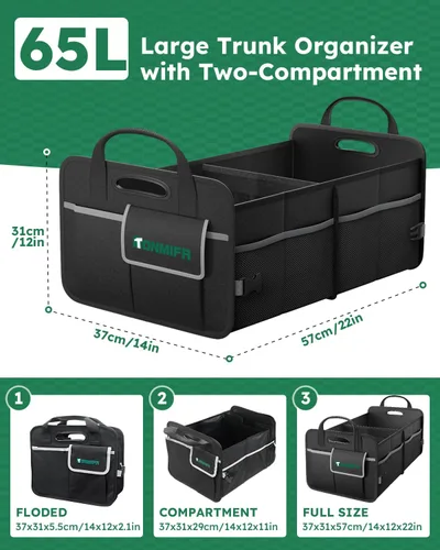 Vista 3 de Organizador de maletero de 2 compartimentos y caja de almacenamiento multicompartimentos de Oxford 600D impermeable, con tiras reflectantes y 8