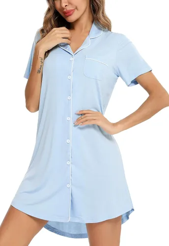 Vista 151 de Samring Camisón de pijama para mujer, manga corta/larga, con botones, camisón para dormir, camisón para novio, talla XXL