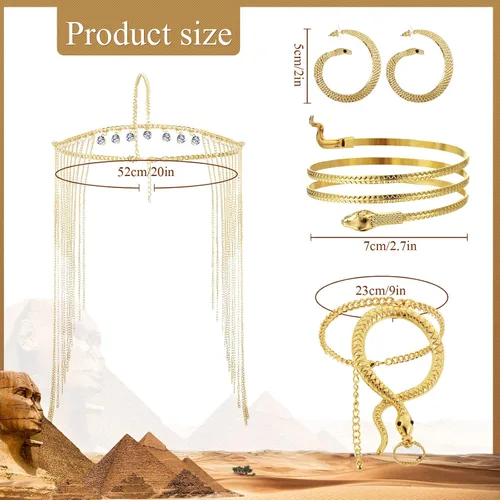 Vista 3 de 5 piezas de tocado egipcio para mujer, disfraz de estilo egipcio, accesorios de joyería para mujer, brazalete de brazo para mujer, cadena de cabeza