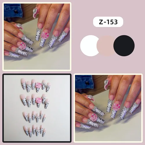 Vista 5 de Uñas postizas a presión con estampado de leopardo, lindas uñas postizas con dijes, uñas largas de ataúd, uñas postizas de cobertura completa