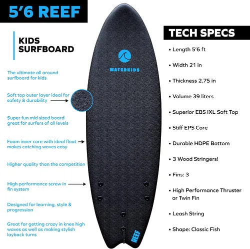 Vista 3 de WATERKIDS Kids Surfboard & Leash, Perfect for Learning How to Surf, Made for Kids,Soft Top for Beginners, Foam Surfboard Makes It Easy to Learn How