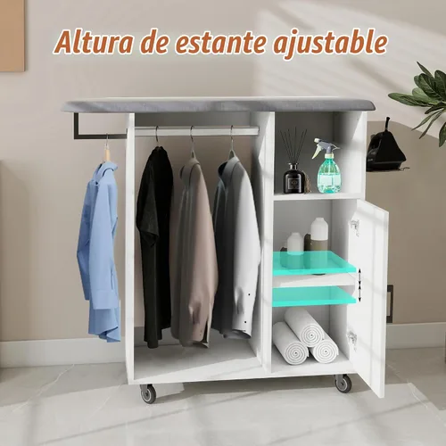 Vista 4 de Gabinete de tabla de planchar con almacenamiento, estación de planchar independiente sobre ruedas con soporte de hierro resistente al calor, 2