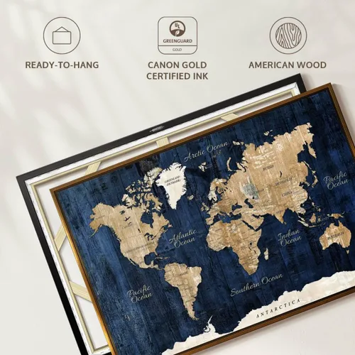 Vista 6 de ElephantStock - Wood Textured World Map Wall Art - Horizontal Floating Framed Canvas - Dining Room Wall Decor - Digital Art Map Framed Canvas Art