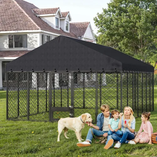 Vista 9 de Perrera resistente para perros de 10 x 14 x 6.4 pies, con doble cerraduras seguras y cubierta de techo impermeable y resistente a los rayos UV