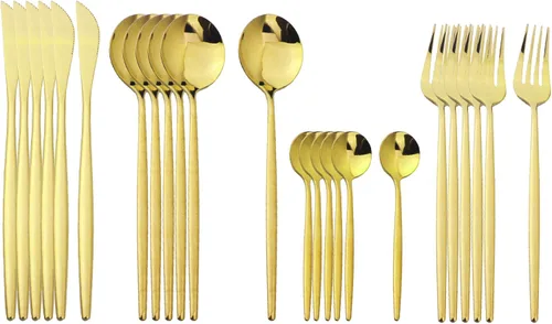 Vista 15 de Juego de cubiertos dorados con mango negro, 24 piezas de acero inoxidable brillante, cubiertos para 6, aptos para lavavajillas