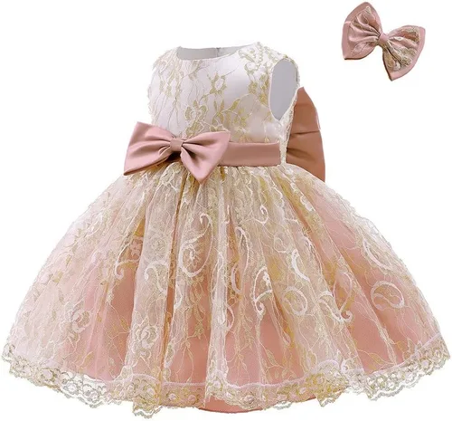 Vista 2 de Vestido de tul de encaje bordado con lazo para bebé, para cumpleaños, concurso, boda, fiesta de Navidad, tutú con clip para el cabello