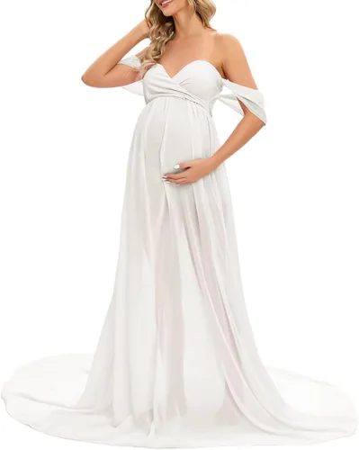 Vista 3 de ZIUMUDY Vestido largo de gasa de maternidad para sesión de fotos, fotografía con hombros descubiertos, vestido de gasa transparente envuelto