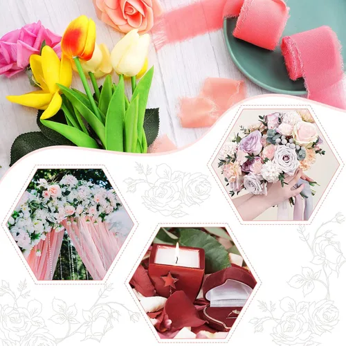 Vista 7 de Boao 4 rollos de cinta de gasa hecha a mano con flecos de seda de 1.5 pulgadas x 7 yardas, cintas deshilachadas rosas para el día de San Valentín