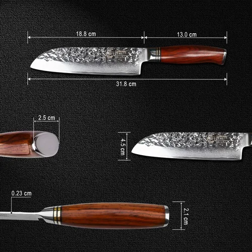 Vista 3 de YARENH Santoku - Cuchillo de chef de cocina afilado de 73 capas, acero de damasco, resistente a la corrosión, mango de sándalo