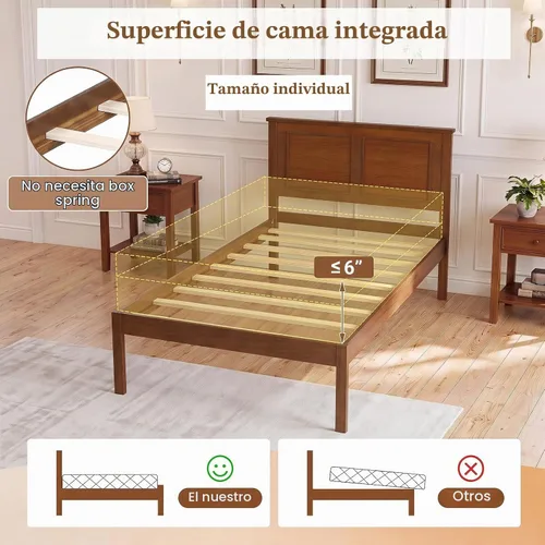 Vista 7 de KOMFOTT Twin Size Bed Frame, Farmhouse Wooden Platform Bed with Headboard Walnut