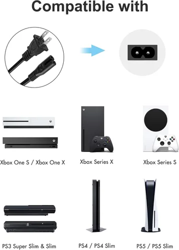 Vista 8 de TPLTECH Cable de alimentación de CA compatible con Xbox One S/X, Xbox Series X/S, PS4/PS5/PS3 Slim, reemplazo universal de 2 clavijas