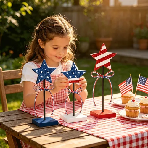 Vista 6 de 3 decoraciones de mesa del 4 de julio, decoraciones del 4 de julio para mesa, diseño de impresión de doble cara, decoraciones patrióticas rústicas