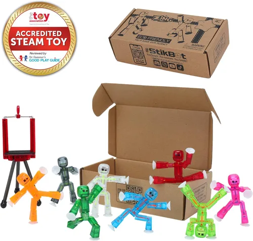 Vista 2 de StikBot Zing, juego de 8 figuras de acción coleccionables transparentes y trípode para teléfono celular, crea animación Stop Motion, ideal