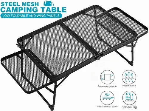 Vista 3 de Mesa de campamento pequeña baja con 2 paneles de alas, mesa de picnic baja plegable y al aire libre con 2 estantes, ligera y fácil de transportar