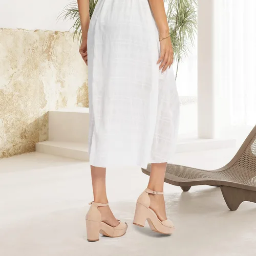 Vista 2 de CAMSSOO Sandalias de plataforma para mujer, de gamuza, con puntera abierta, correa al tobillo, a la moda, sexy, para boda, con bloques de tacón