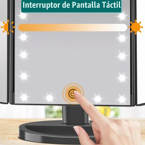 Vista 4 de FASCINATE Espejo de maquillaje iluminado, 21 luces LED brillantes, espejo de tocador tríptico LED con aumento 3x/2x/1x, control táctil de brillo