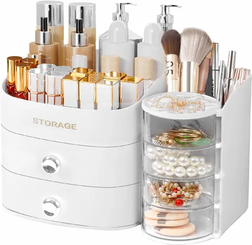 Vista 10 de XIAPIA Organizador de maquillaje para encimera, organizador de maquillaje para tocador, cuidado de la piel y organizadores de cosméticos con Rosa