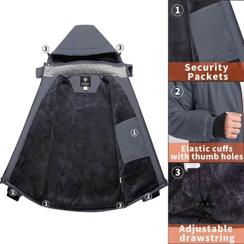 Vista 4 de Chaqueta de esquí para hombre, impermeable, con forro polar cálido, forro de nieve, para montaña, con capucha, resistente al viento, chubasquero