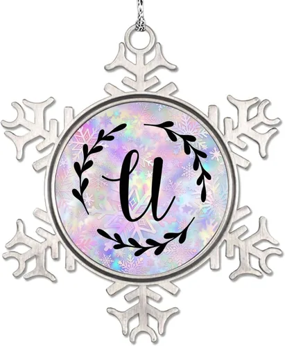 Vista 26 de Adorno de copo de nieve de letra A con inicial de copo de nieve, corona negra, adorno con monograma para decoración de árbol de Navidad, adornos