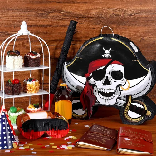 Vista 4 de Paquete de piñata pirata, juego de fiesta pirata, incluye máscara de capitán Piñata Bat Stick para fiesta de cumpleaños, aventura náutica