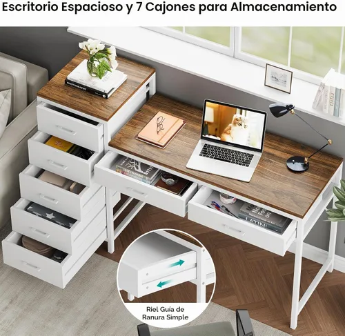 Vista 5 de Escritorio para computadora de 55 pulgadas con cajón reversible, marrón claro y blanco