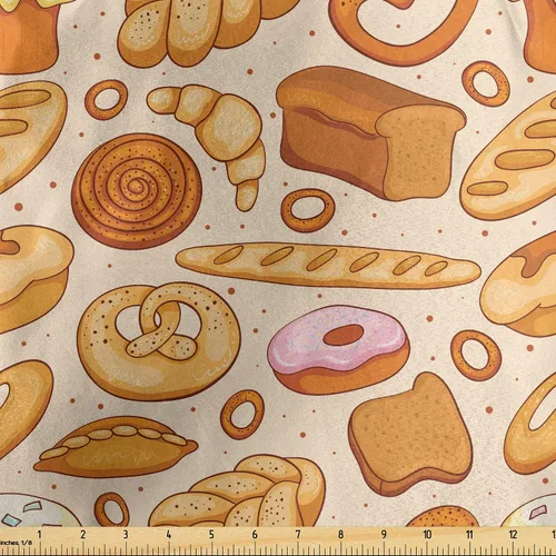 Vista 171 de Lunarable - Tela de café por yarda, tazas de café para llevar y dulces, diseño de cupcakes de cereza y croissant, cultura del desayuno americano