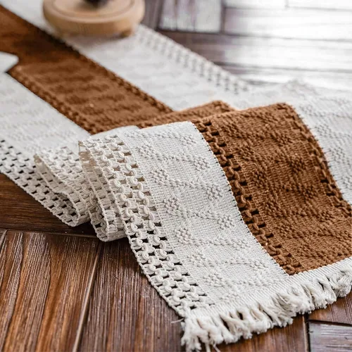 Vista 11 de Camino de mesa de macramé, color beige crema, bohemio, con borlas, camino de mesa de algodón tejido a mano, camino de mesa rústico para cocina