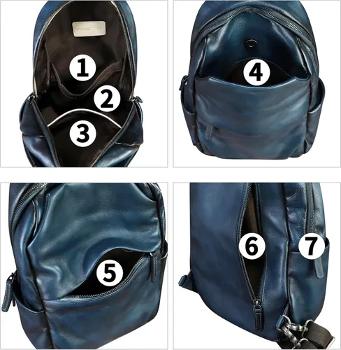Vista 4 de Bolso de cuero genuino para hombres y mujeres, mochila grande tipo bandolera para iPad Pro de 12.9 pulgadas, Azul marino, Mediana