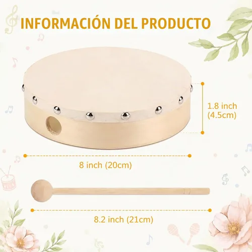 Vista 2 de Foraineam 3 Pack 8 Pulgadas de Tambor de Mano con Cabezal de Piel de Cabra, Marco de Madera con Baqueta