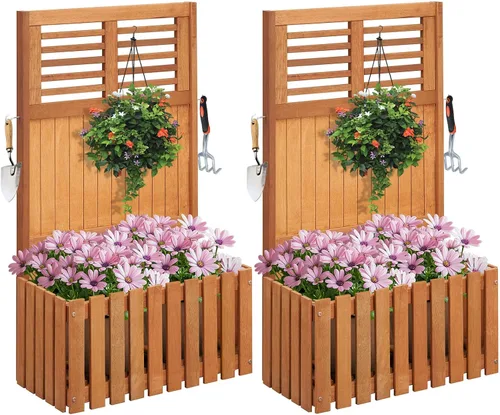Vista 13 de Giantex Cama de jardín elevada de madera con enrejado, maceta para exteriores con base abierta para plantas trepadoras, profundidad de plantación