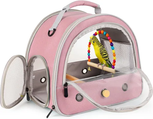 Vista 10 de Jaula portátil de viaje para loros con juguete pequeño oscilante y jaula de juguetes coloridos, bolsa de periquito para pájaros pequeños con bolsa