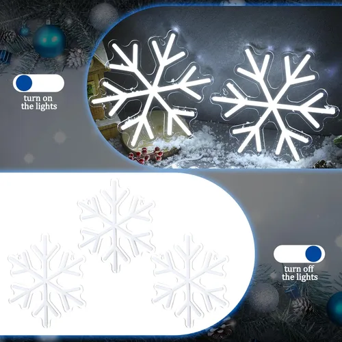 Vista 3 de ROCEEI 3 letreros de neón de copo de nieve, luces LED de copo de nieve, luces de neón de invierno, barra de pared para ventana, decoración de sala