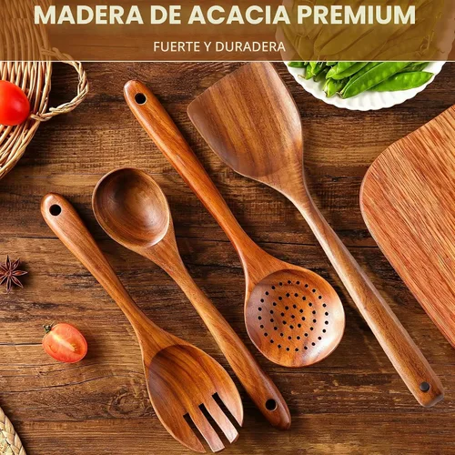 Vista 3 de Cucharas de madera para cocinar, juego de 7 piezas de utensilios de cocina de madera de teca natural, cuchara de madera, espátula, tenedor
