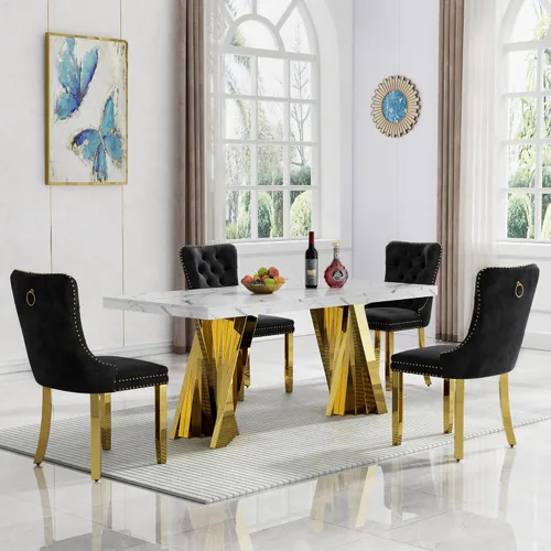 Vista 32 de HomVent - Juego de mesa de comedor de mármol sintético de 68 pulgadas con 4 sillas de terciopelo para cocina Modern Rectangular Faux Marble